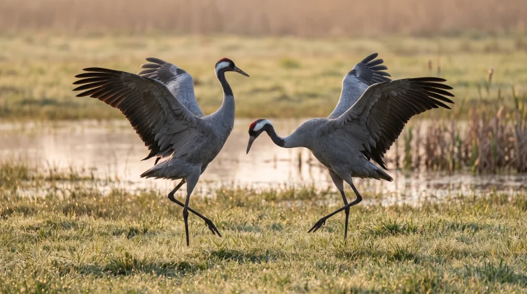 Jeřáb popelavý (Grus grus): Majestátní tanečník našich mokřadů – svatební tance, troubivý hlas a návrat do Česka 20 Pár jeřábů popelavých předvádějících svatební tanec na rozkvetlé louce u mokřadu (Obrázek vygenerovaný umělou inteligencí)