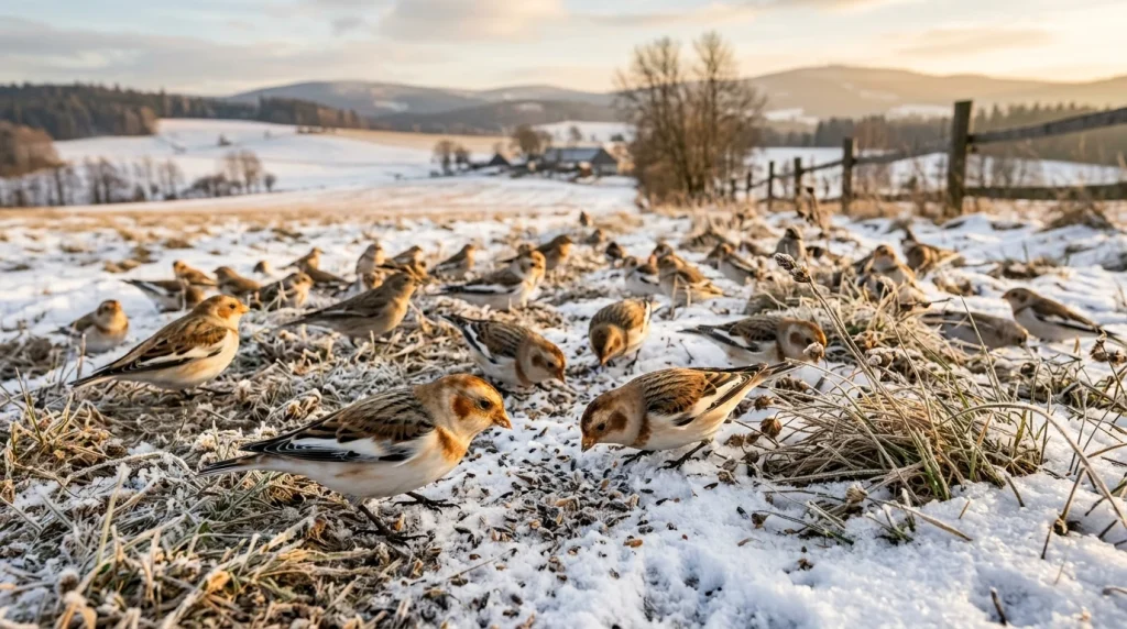 Hejno sněhulí severních (Plectrophenax nivalis) sbírající semena na zasněženém poli (Obrázek vygenerovaný umělou inteligencí)