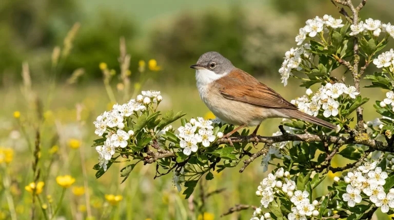 Pěnice hnědokřídlá (Curruca communis): Pěvec křovin, hlas, zpěv a hnízdění v ČR 7 Pěnice hnědokřídlá (Curruca communis) zpívající na kvetoucím keři (Obrázek vygenerovaný umělou inteligencí)