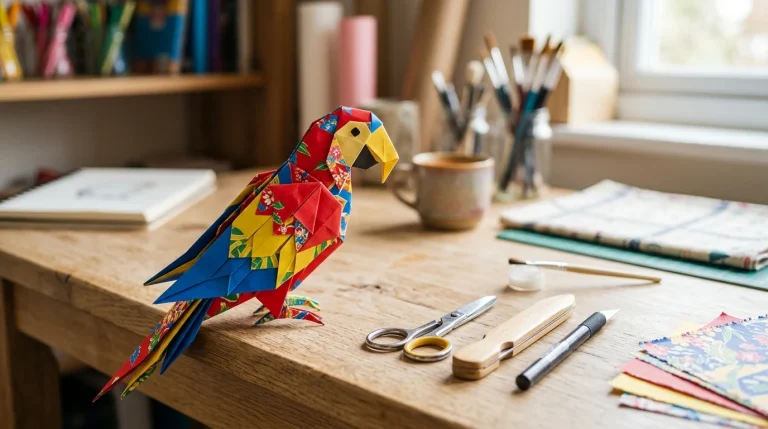Papoušek z papíru: Návod na origami krok za krokem a tvoření pro děti 7 Pestrý origami papoušek složený z papíru stojící na dřevěném stole (Obrázek vygenerovaný umělou inteligencí)