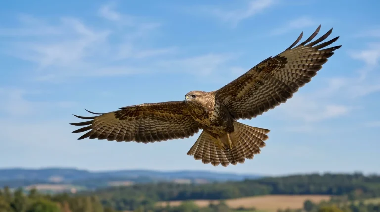 Káně lesní v letu (Buteo buteo): Silueta, rozlišovací znaky, hlas a barevné morfy 15 Káně lesní (Buteo buteo) plachtící s roztaženými křídly na obloze (Obrázek vygenerovaný umělou inteligencí)