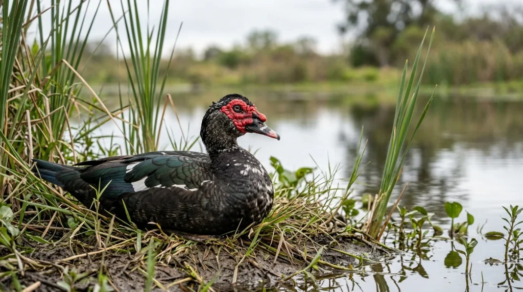 Pižmovka velká (Cairina moschata) odpočívající na břehu rybníka (Obrázek vygenerovaný umělou inteligencí)