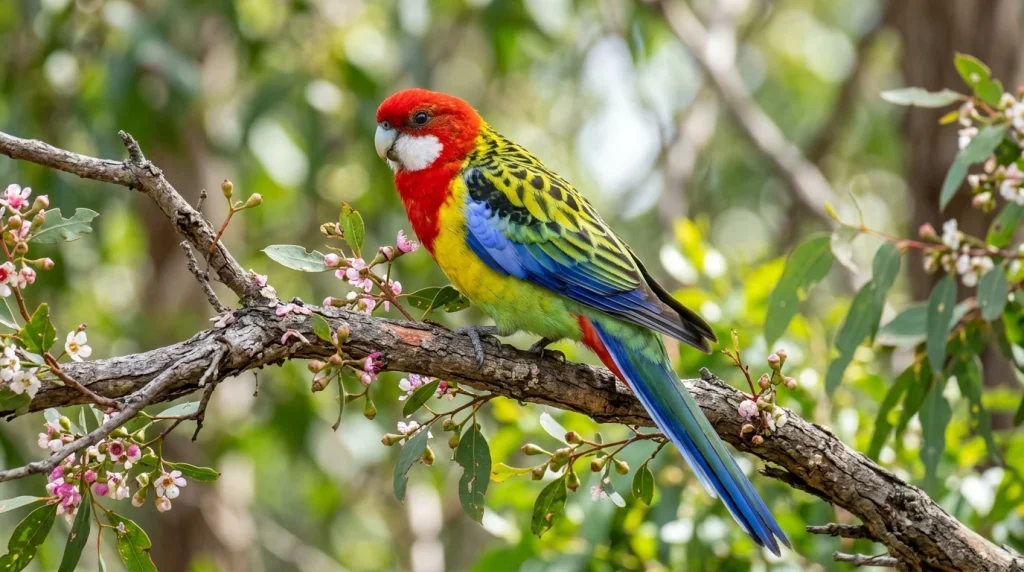 Rosela pestrá (Platycercus eximius) sedící na kvetoucí větvi eukalyptu (Obrázek vygenerovaný umělou inteligencí)
