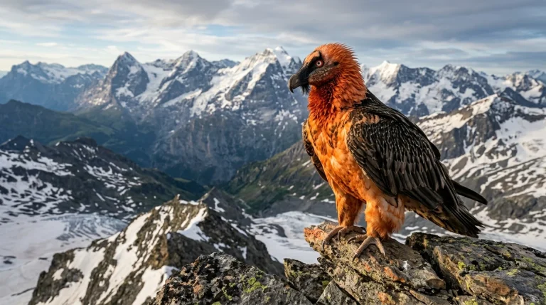 Zvířata připomínající draky: Fascinující ptáci a tvorové v přírodě 12 Orlosup bradatý (Gypaetus barbatus) vyhlížející z vysoké skály jako horský drak (Obrázek vygenerovaný umělou inteligencí)