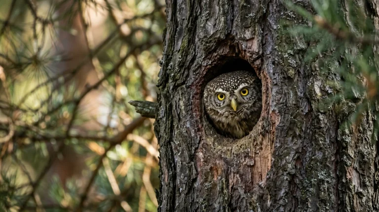 Sova kulíšek: Terénní výzkum, hnízdění a život v horských lesích ČR 4 Sova kulíšek (Glaucidium passerinum) vyhlížející ze stromové dutiny po strakapoudu (Obrázek vygenerovaný umělou inteligencí)