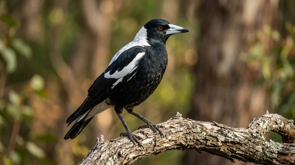 Flétňák australský sedící na větvi eukalyptu v teplém odpoledním světle
